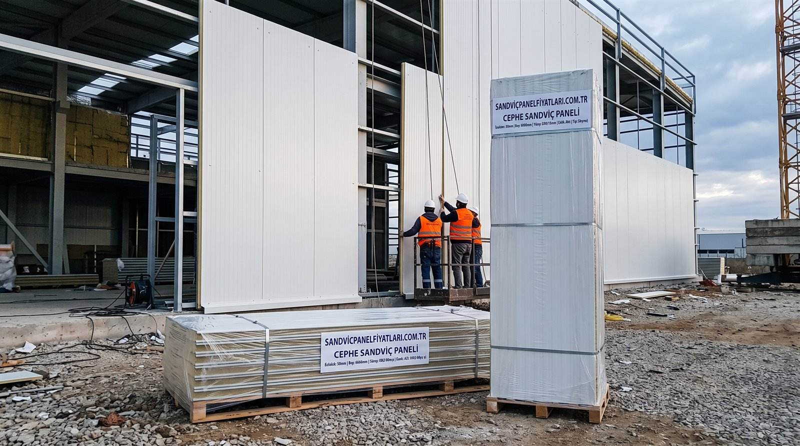 Cephe sandviç paneli, düz yüzeyli beyaz paneller dikey montajda