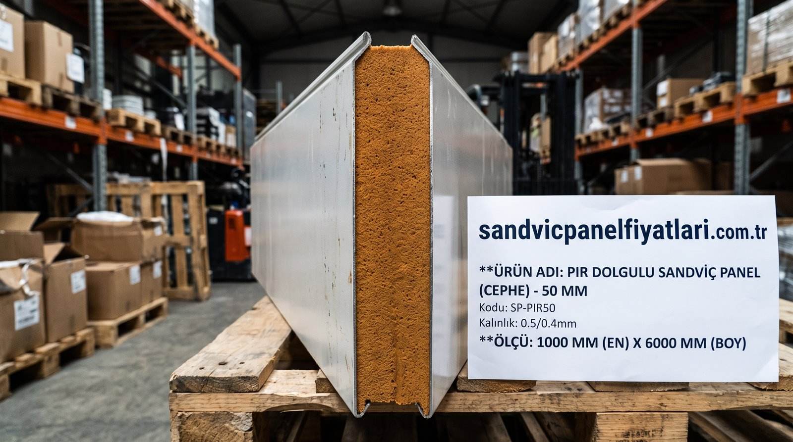 PIR dolgulu sandviç panel kesiti, koyu turuncu PIR dolgu