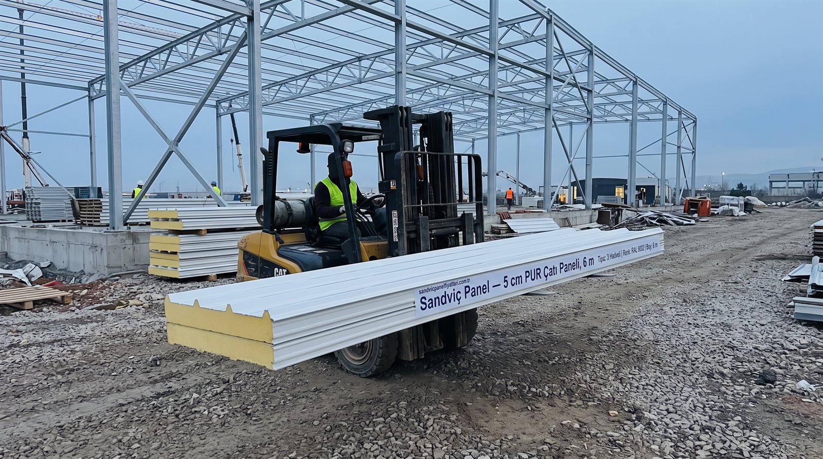5 cm PUR çatı sandviç paneli paketi, şantiyede forkliftle taşınırken