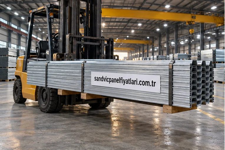 Trapez çatı sacı — büyük çelik deposunda istifli ürün fotoğrafı